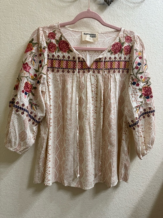 Savanna Jane Tops - Savanna Jane Cream Embroidered Floral Boho Tunic